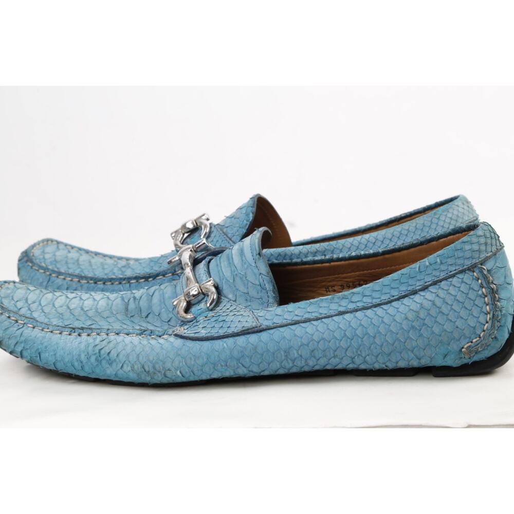 Salvatore Ferragamo Loafers 13 D Blue Python Snakeskin Gancini Bit Driving Shoes - Picture 8 of 16